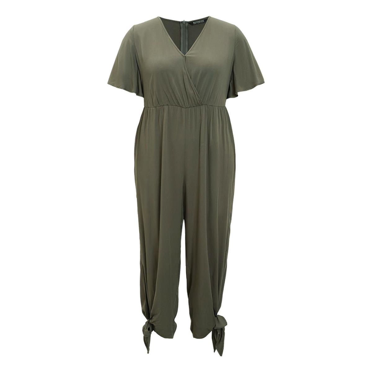 Plus Size ArmyGreen Plain Pocket Wrap Cut Out Knotted Hem Jumpsuit Women Office Short sleeve V-neck Work Loose Jumpsuits BloomChic 26/4X Product Image