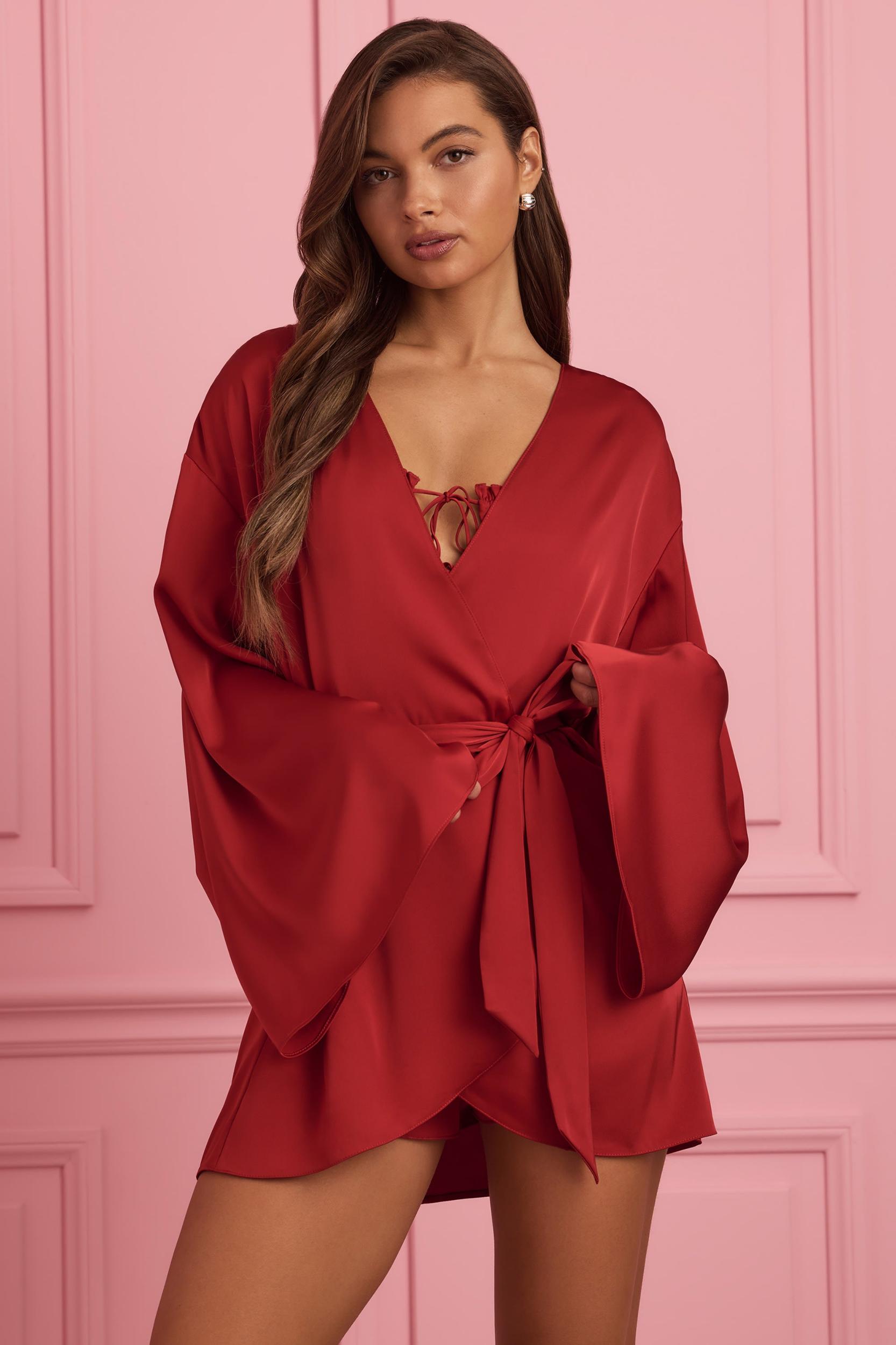 Embellished Wrap-Over Robe in Ruby Red Female Product Image