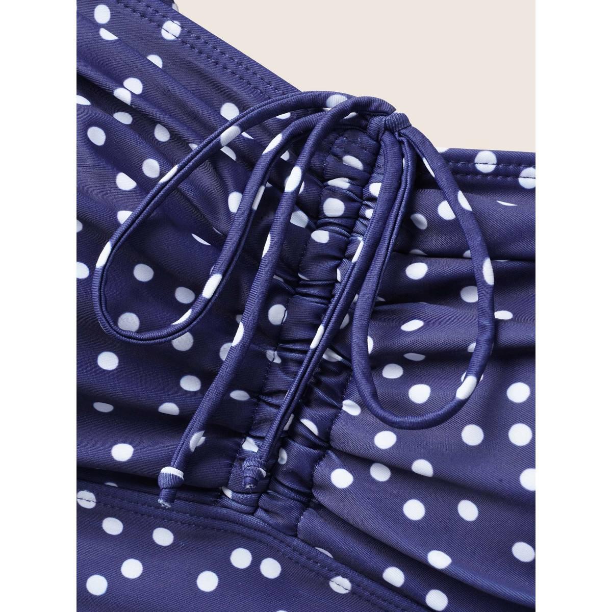 Plus Size Polka Dot Drawstring Patchwork See Through Swim Dress Women's Swimwear Indigo Beach Bodycon Heart neckline High stretch Curve Swim Dresses BloomChic 18-20/2X Product Image