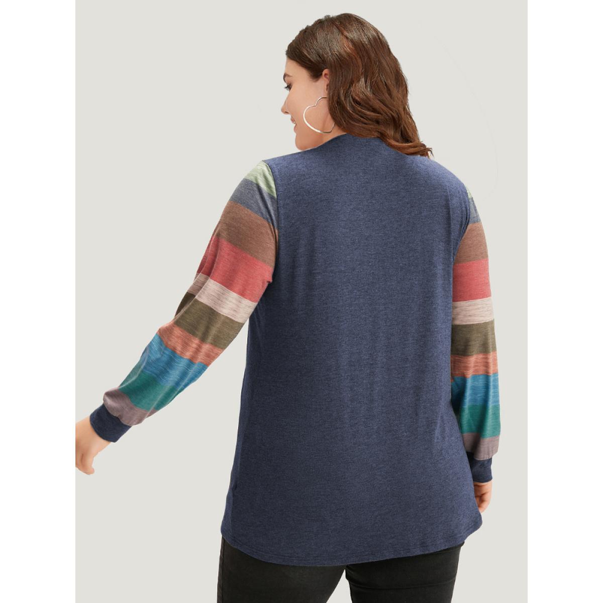 Plus Size Colorblock Contrast V Neck Button Up T-shirt Blue Women Casual Elastic cuffs Striped V-neck Everyday T-shirts BloomChic 30/6X Product Image