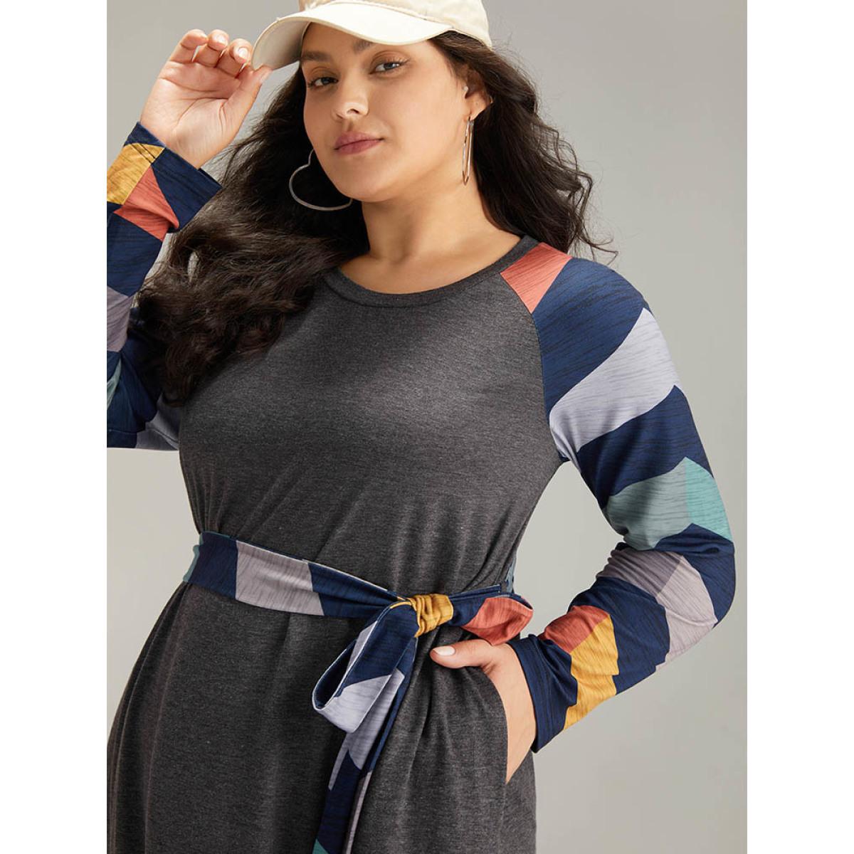 Plus Size Striped Pocket Raglan Sleeve Belted Dress DimGray Women Casual Belted Round Neck Long Sleeve Curvy Knee Dress BloomChic 14-16/1X Product Image