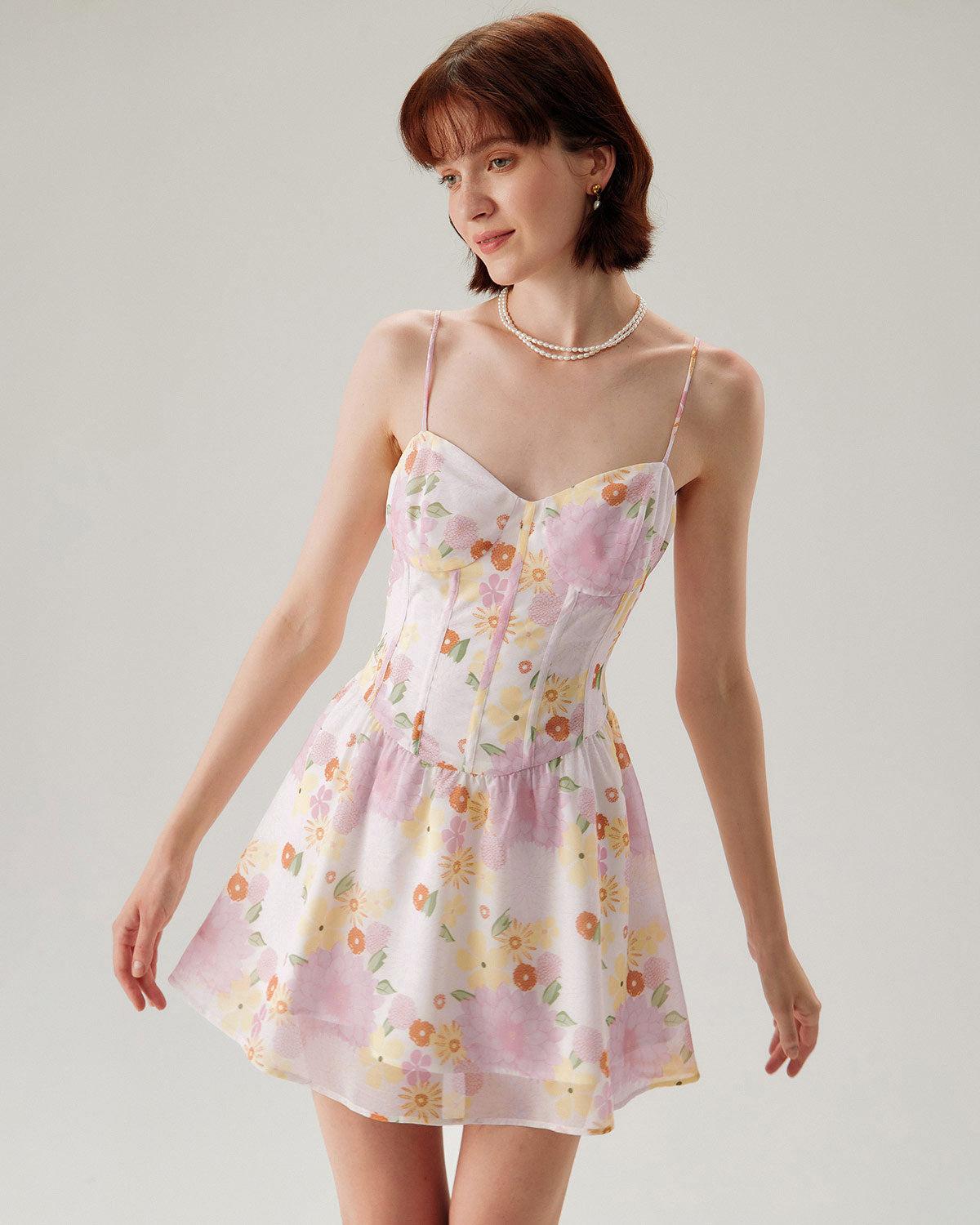 Pink Floral Sweetheart Neck Slip Mini Dress Product Image