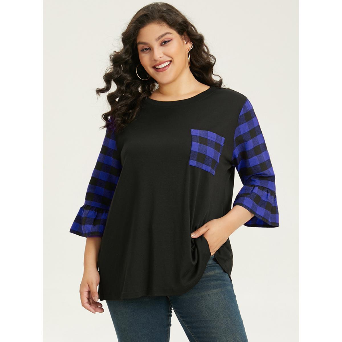 Plus Size Plaid Patched Pocket Patchwork Contrast Bell Sleeve T-shirt Blue Women Casual Contrast Plaid Round Neck Dailywear T-shirts BloomChic 12/L Product Image