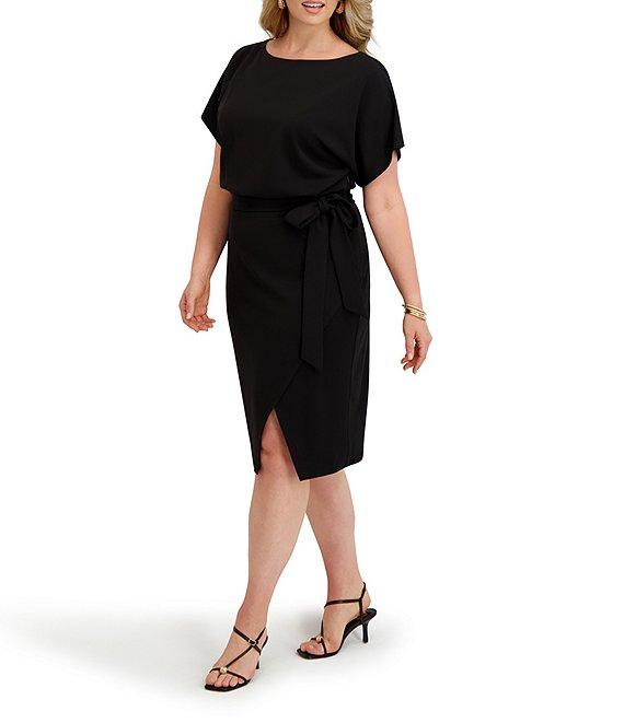 Kensie Plus Size Crepe Scuba Short Sleeve Bow Detail Knee Length Dress Product Image