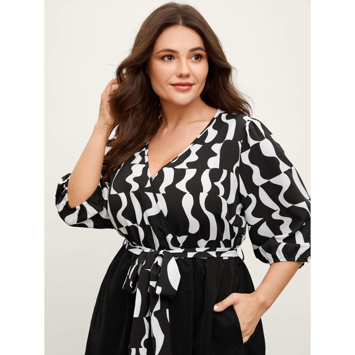 Plus Size Retro Wavy Print Stretchy Waist Midi Dress Black Women Office Overlap Collar Elbow-length sleeve Curvy BloomChic 12/L Product Image