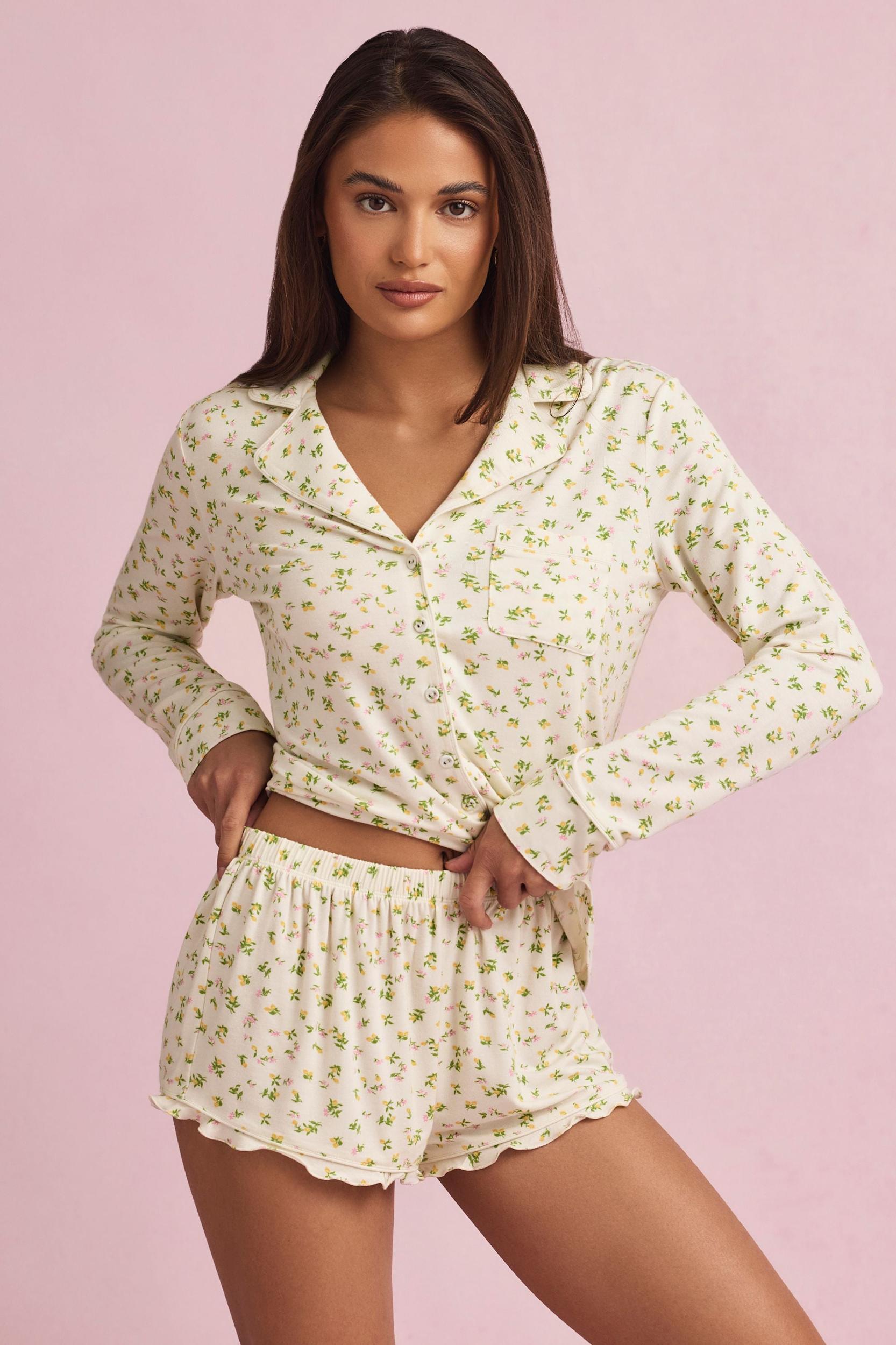 Modal Ruffle-Trim Pyjama Shorts in Lemon Print Product Image