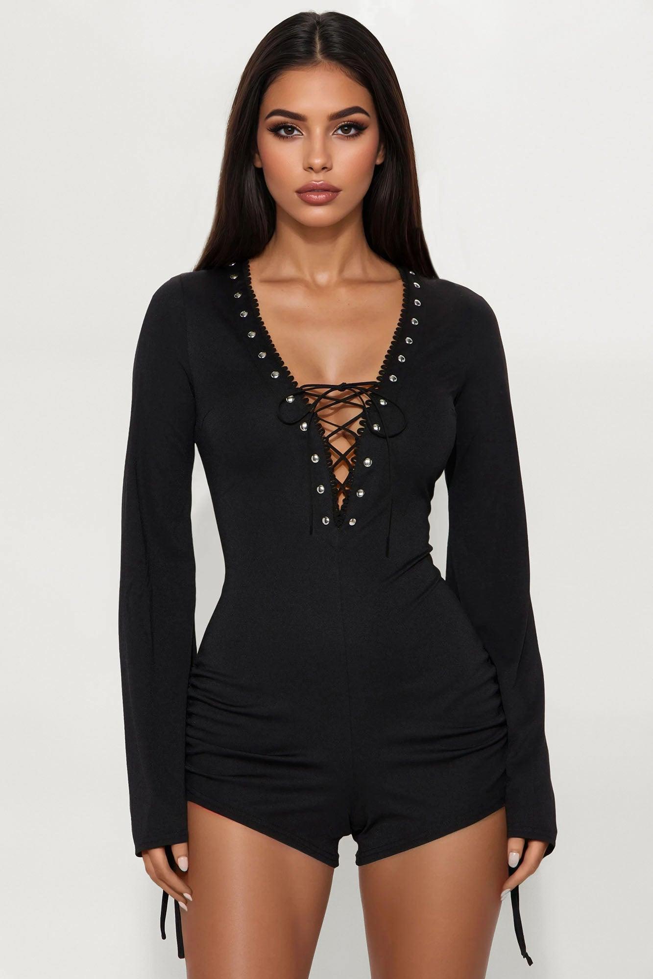 Live A Little Lace Up Micro Short Romper - Black Female Product Image
