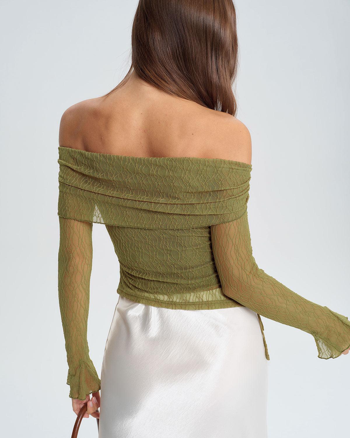 Green Off The Shoulder Bell Sleeve Tee Product Image
