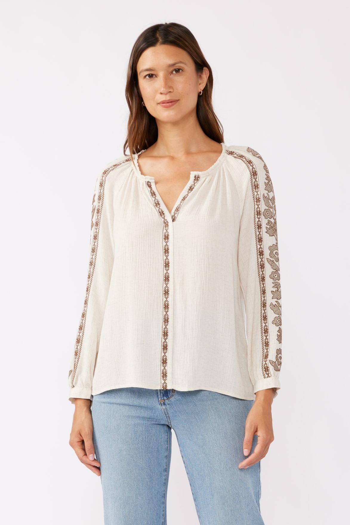 Embroidered Long Sleeve V-Split Neck Top Product Image