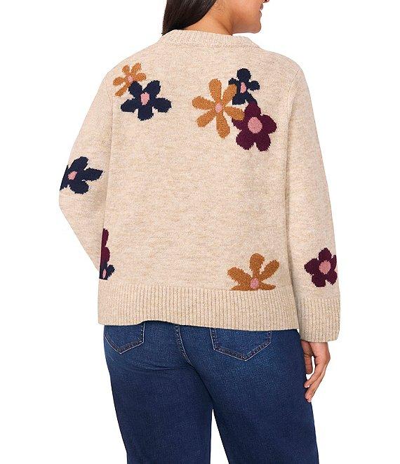 CeCe Plus Size Floral Intarsia Long Sleeve Crew Neck Sweater Product Image