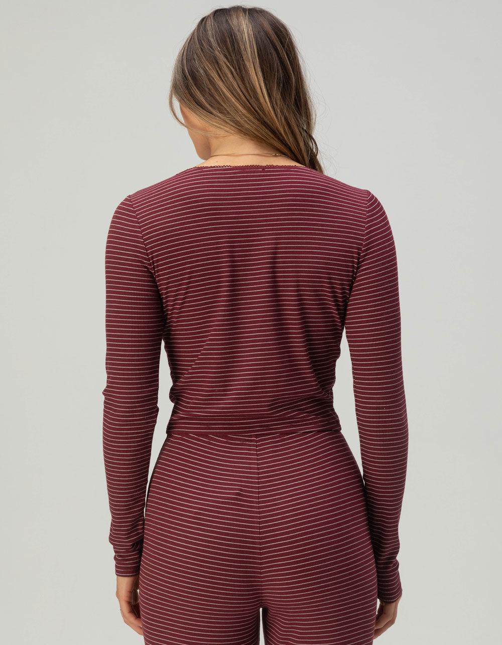 FULL TILT Rib Picot Trim Womens Long Sleeve Tee - BURGUNDY COMBO Product Image