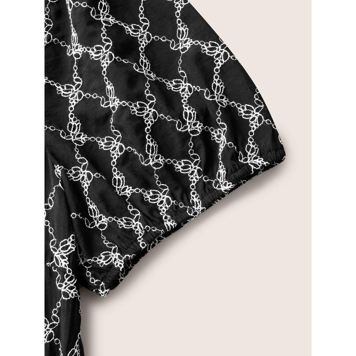 Plus Size U Neck Geometric Tie Knot Puff Sleeve Dress Black Women Casual Texture U-neck Short sleeve Curvy BloomChic 12/L Product Image