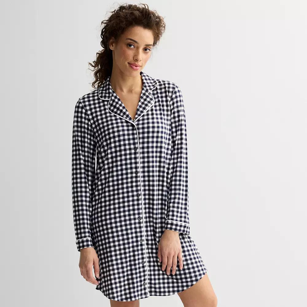 Women's Draper James Cozy Pajama Sleepshirt, Size: XXL, Blue Gingham Product Image
