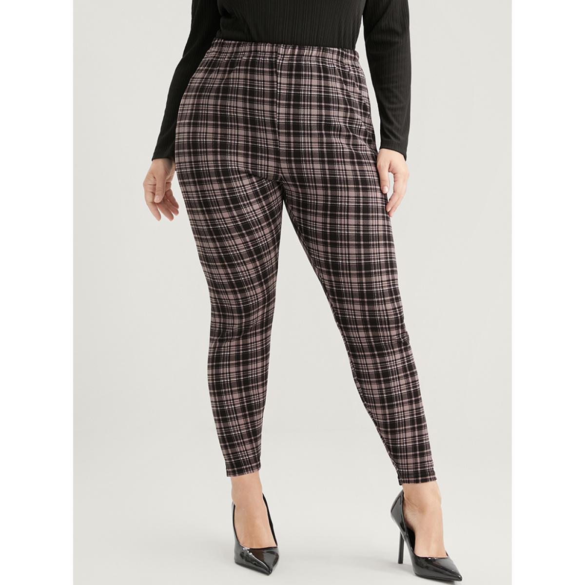 Plus Size Plaid Elastic Waist Skinny Pants Women LightBrown Elegant Skinny Mid Rise Dailywear Pants BloomChic 28/5X Product Image