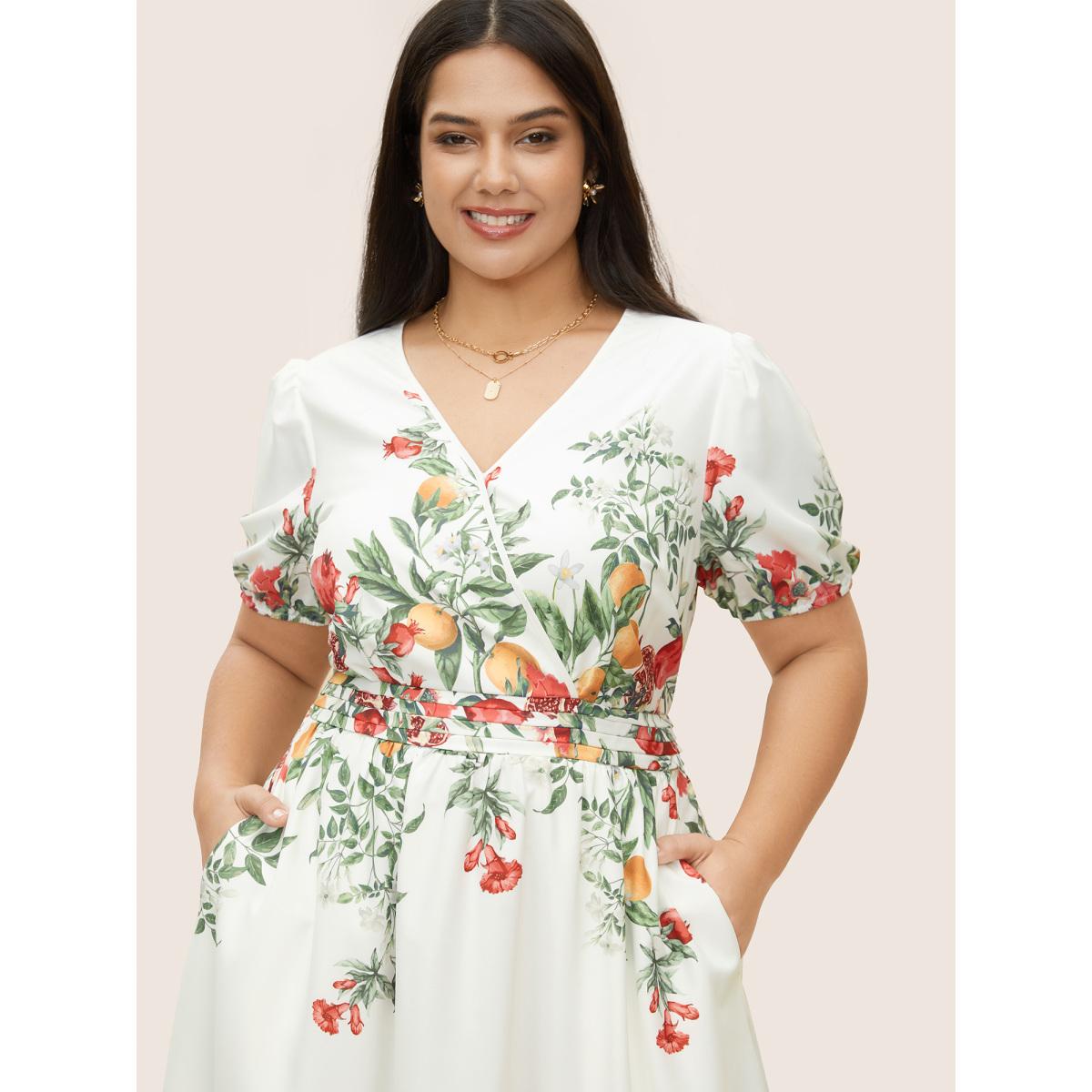 Plus Size Citrus Fruit Print Surplice Neck Pleated Dress White Women Elegant Overlapping Overlap Collar Short sleeve Curvy BloomChic 10/M Product Image