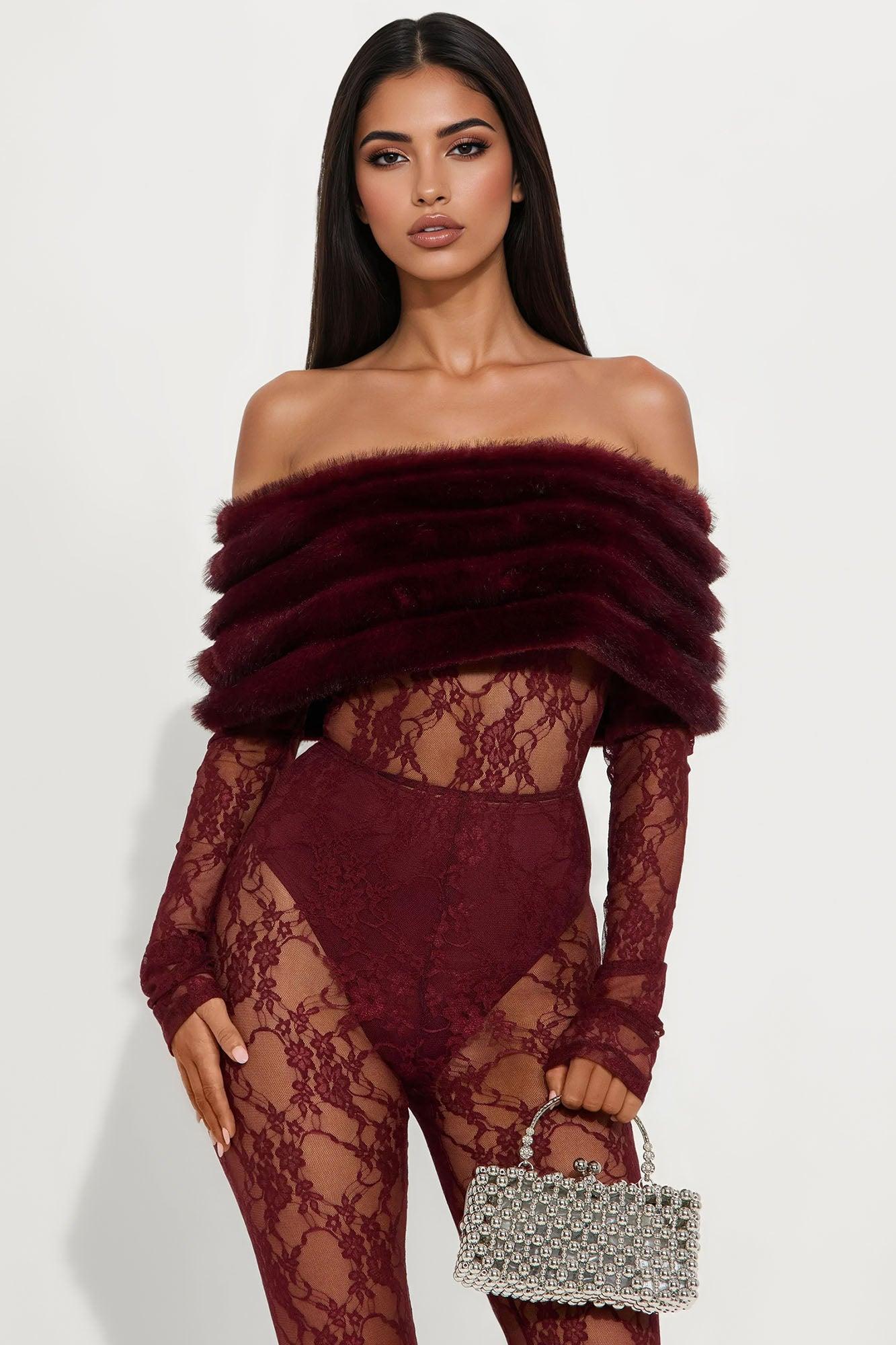 Alexa Lace Off Shoulder Faux Fur Jumpsuit - Burgundy Female Product Image