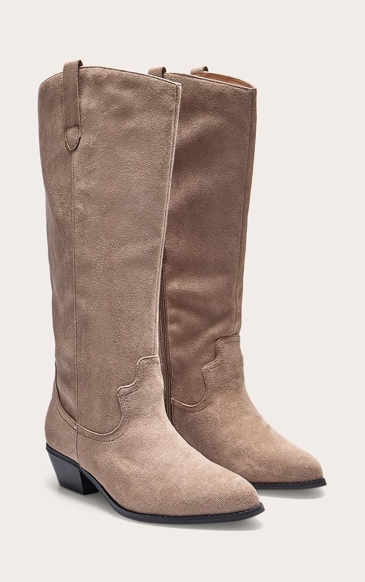 Taupe Faux Suede Point Toe Knee High Western Boots Product Image