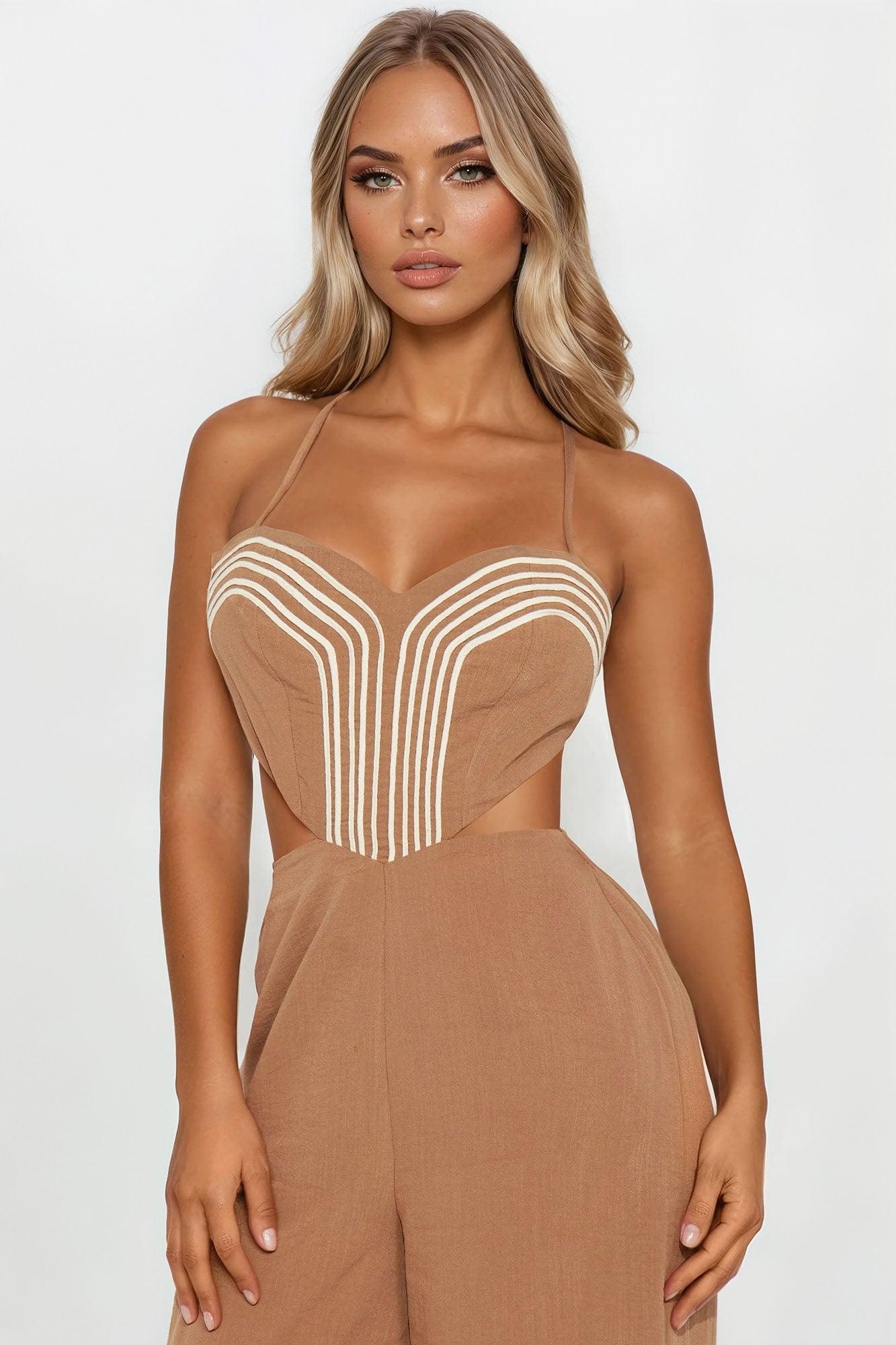 Tamra Wide Leg Linen Jumpsuit - Mocha Female Product Image