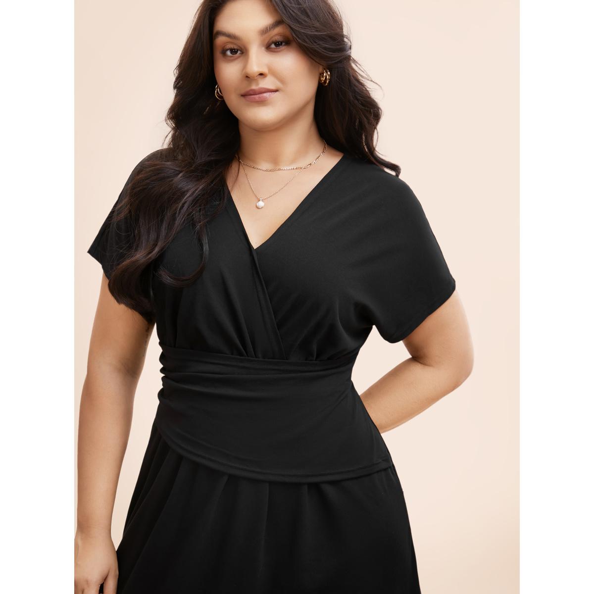 Plus Size Overlap Collar Dolman Sleeve Ruched Dress Black Women At the Office Gathered Overlap Collar Short sleeve Curvy BloomChic 10/M Product Image