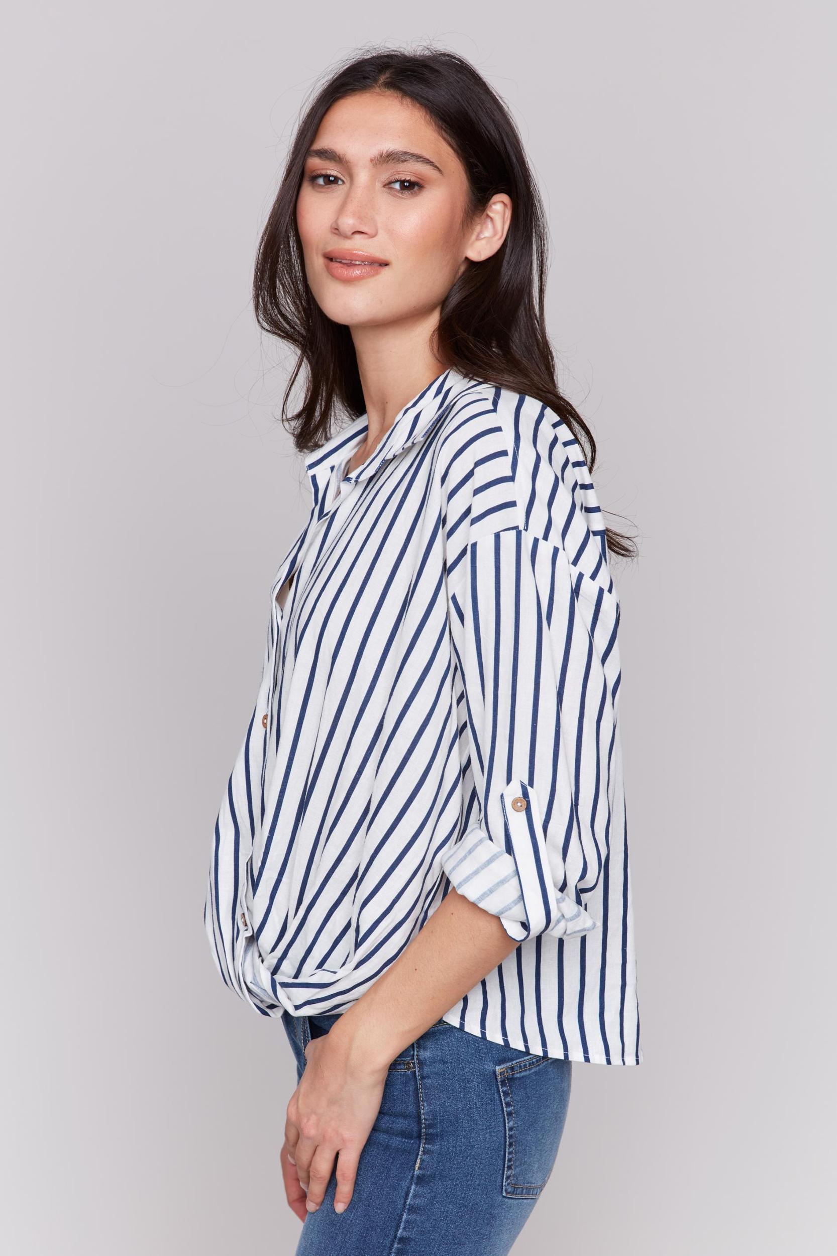 Striped Roll Up Sleeves Blouse with Front Twist Product Image