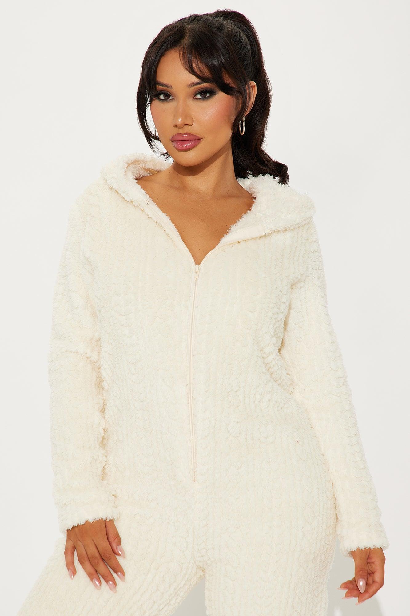 Comfy Cozies Textured Plush Hooded PJ Jumpsuit Onesie - Ivory Product Image