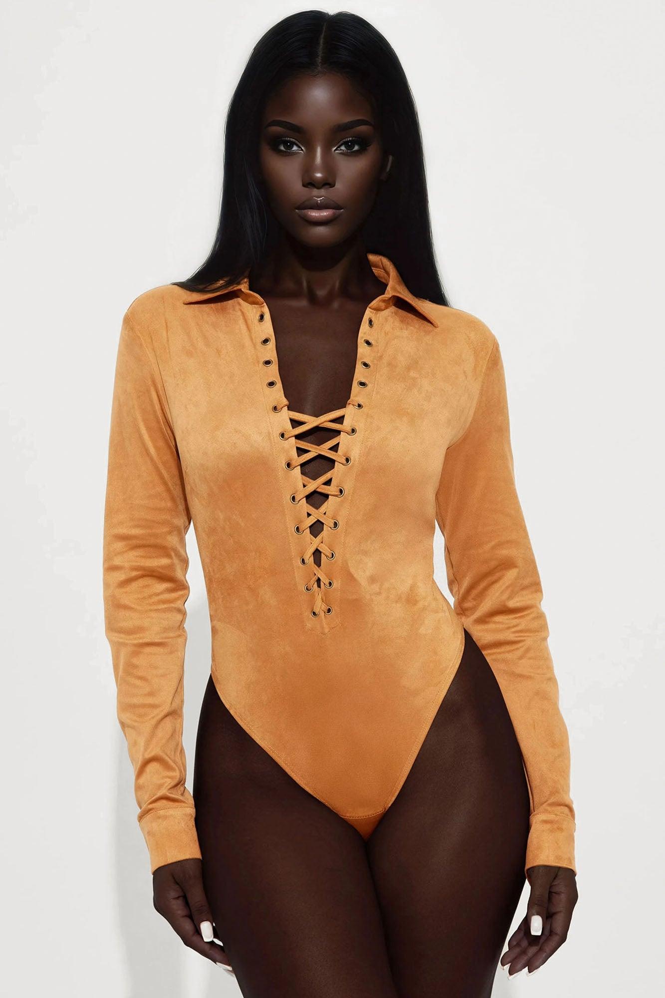 River Long Sleeve Lace Up Bodysuit - Camel Female Product Image