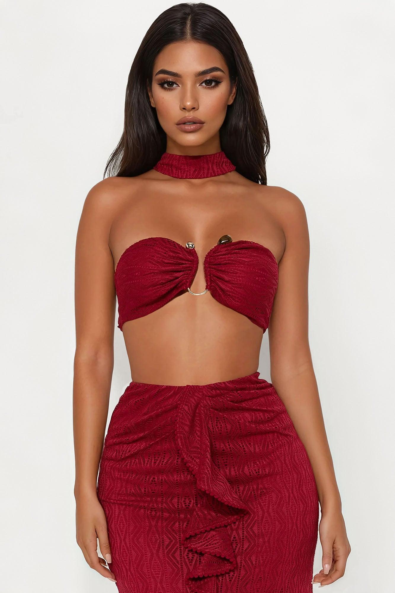 Savanna Escape Crochet Maxi Skirt Set - Wine Female Product Image