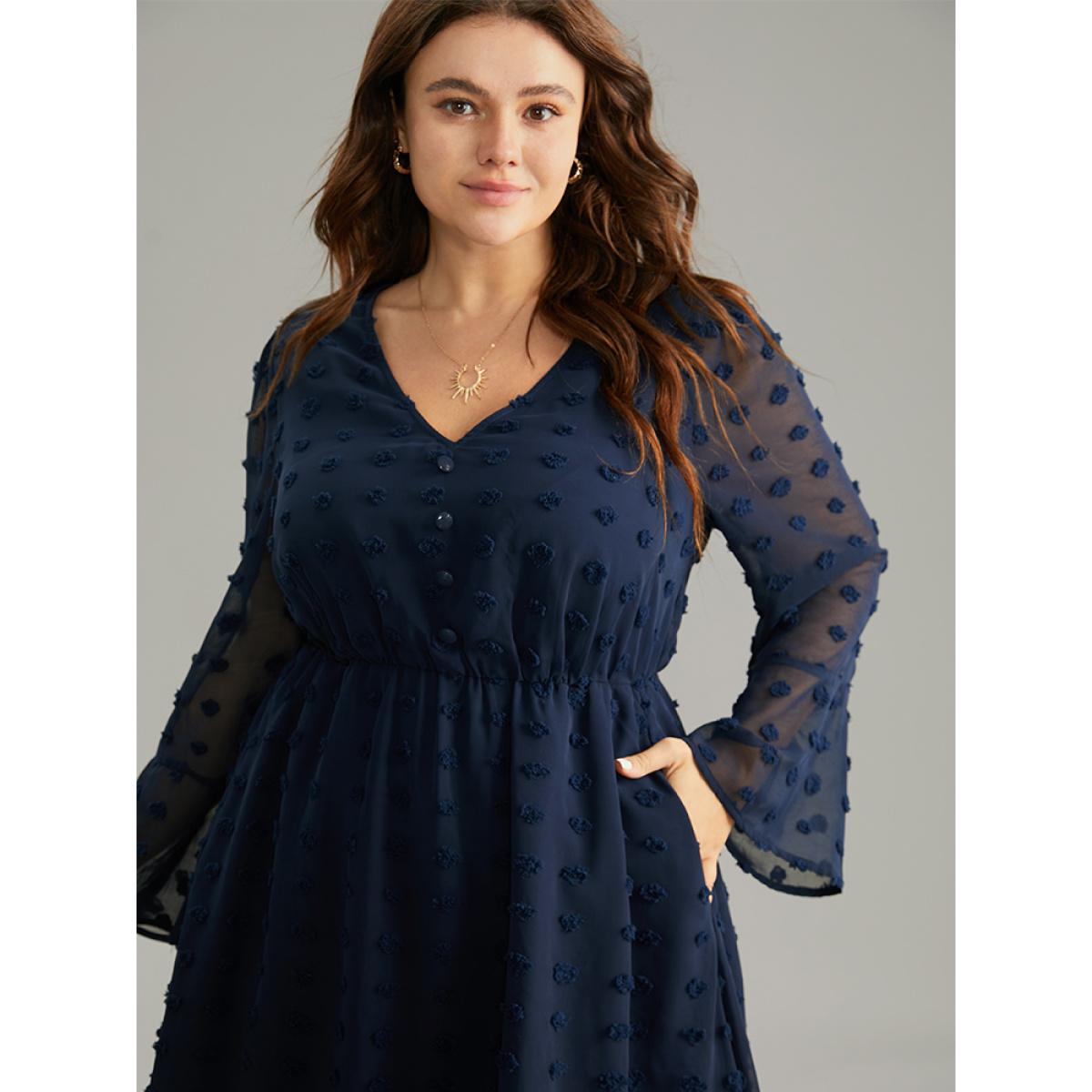 Plus Size Plain Texture Elastic Waist Jacquard Dress Indigo Women At the Office Texture V-neck Long Sleeve Curvy Midi Dress BloomChic 12/L Product Image