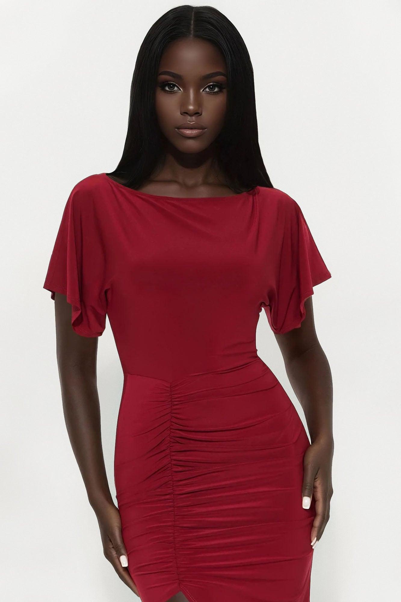 Maddison Short Sleeve Ruched Midi Dress - Burgundy Female Product Image
