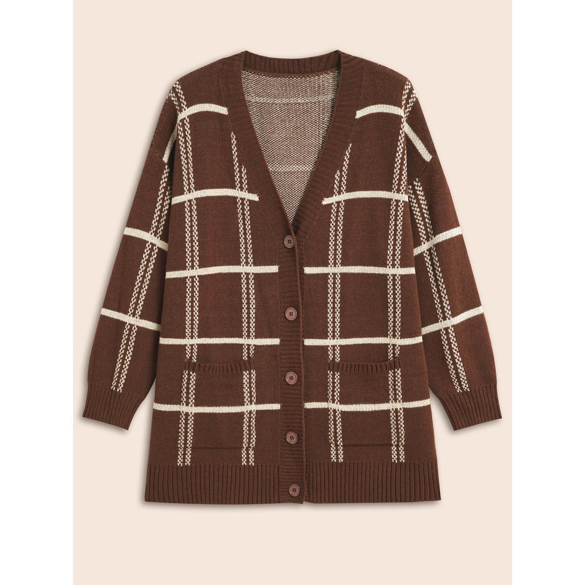 Plus Size Plaid Button Up Pocket Cardigan Browncoffeecolor Women Leisure Loose Long Sleeve Casual Cardigans BloomChic 18-20/2X Product Image