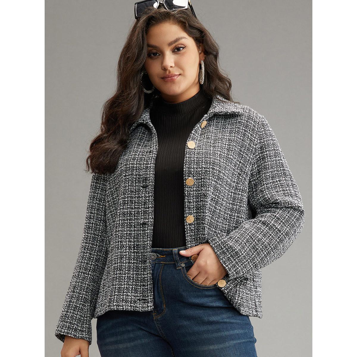 Plus Size Gingham Texture Lapel Collar Metal Detail Jacket Women Black Elegant Texture Ladies Everyday Winter Coats BloomChic 10/M Product Image