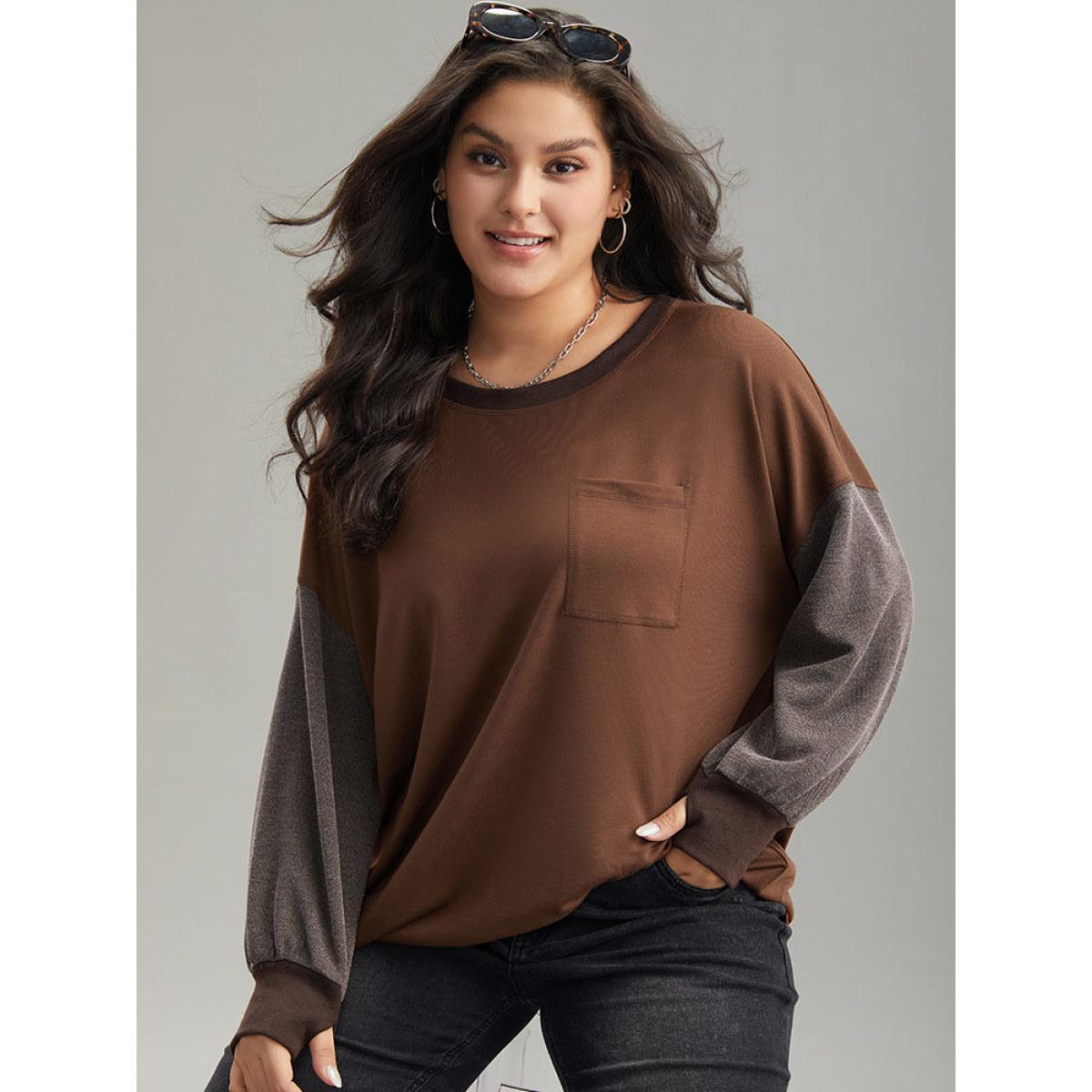Plus Size Two Tone Patched Pocket Drop Shoulder Sweatshirt Women DarkBrown Casual Elastic cuffs Round Neck Everyday Sweatshirts BloomChic 26/4X Product Image