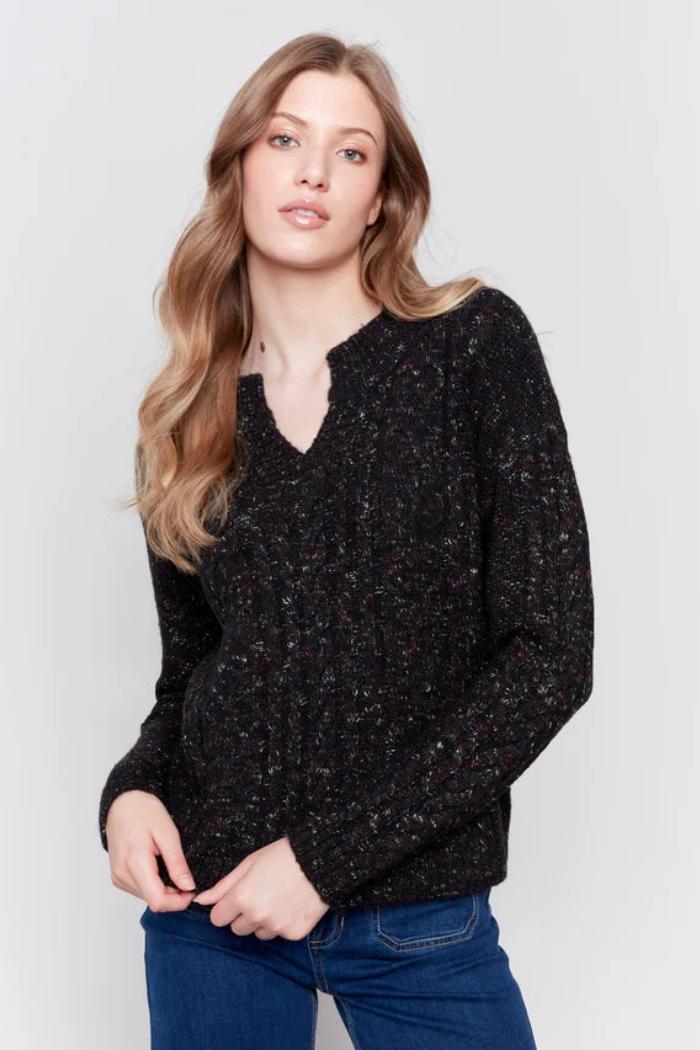 Speckled Yarn Cable Knit Sweater - Black Product Image