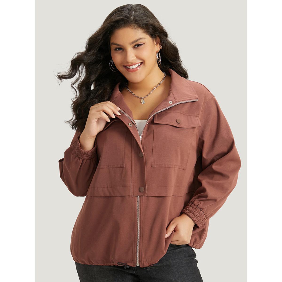 Plus Size Halloween Plain Flap Pocket Shirred Drawstring Zipper Fly Jacket Women Russet Elastic cuffs Pocket Dailywear Jackets BloomChic 26/4X Product Image