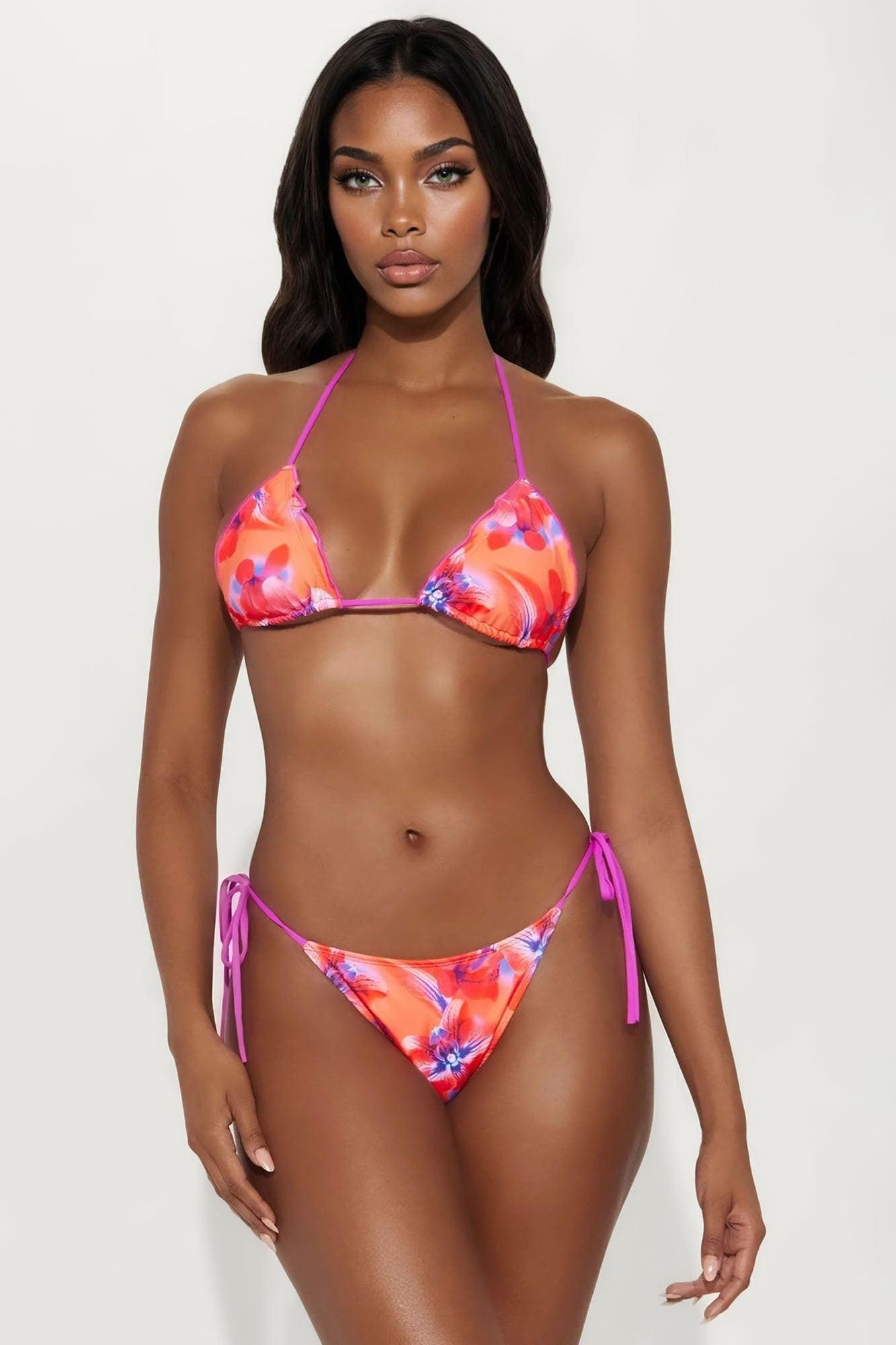 Island Sunsets & Orchids Ruffle 3 Piece Bikini & Sarong Set - Pink/combo Female Product Image