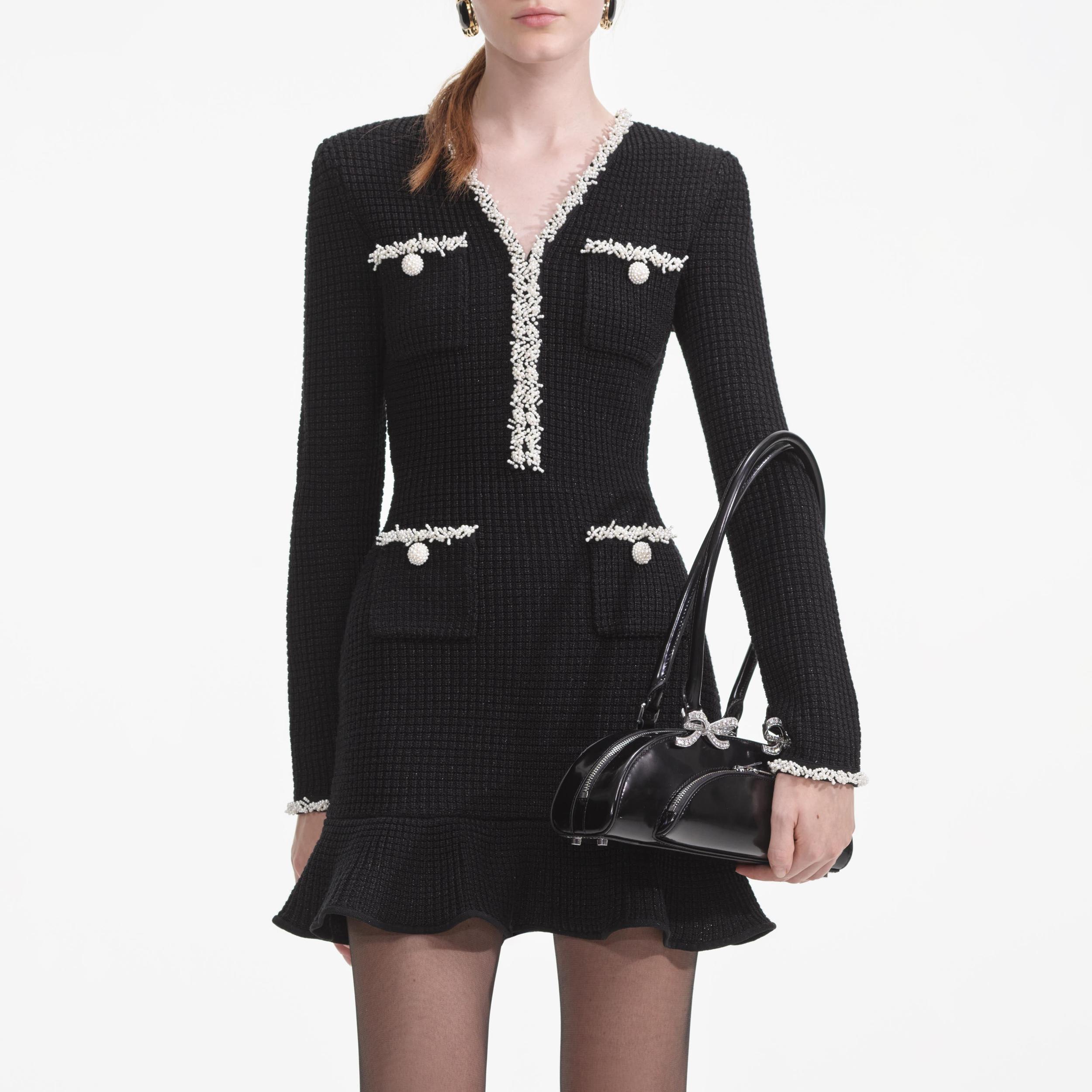 Black Pearl Trim Knit Mini Dress Product Image
