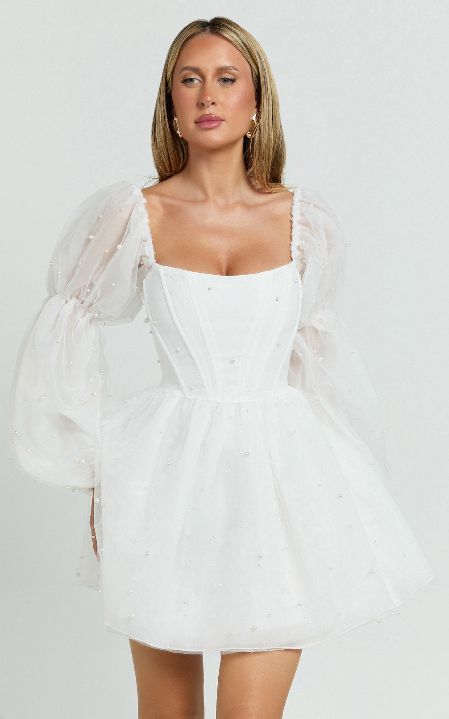 Ingrid Mini Dress - Long Puff Sleeve Pearl Detail Dress in White Product Image