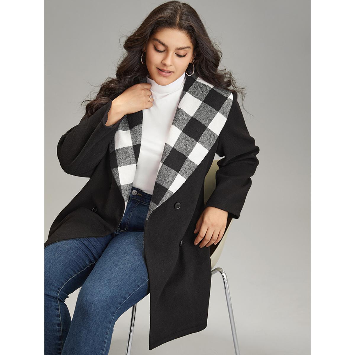 Plus Size Plaid Lapel Collar Pocket Belted Coat Women Black Casual Lined Ladies Dailywear Winter Coats BloomChic 26/4X Product Image