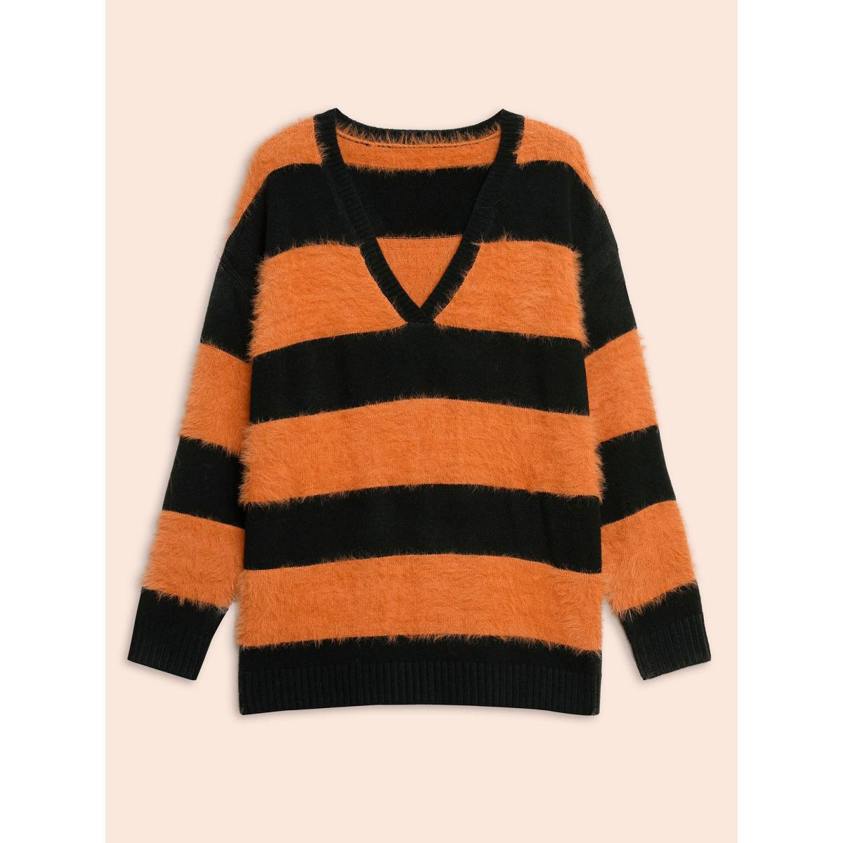 Plus Size Texture Contrast V Neck Pullover Brightorange Women Casual Long Sleeve V-neck Everyday Pullovers BloomChic 28/5X Product Image