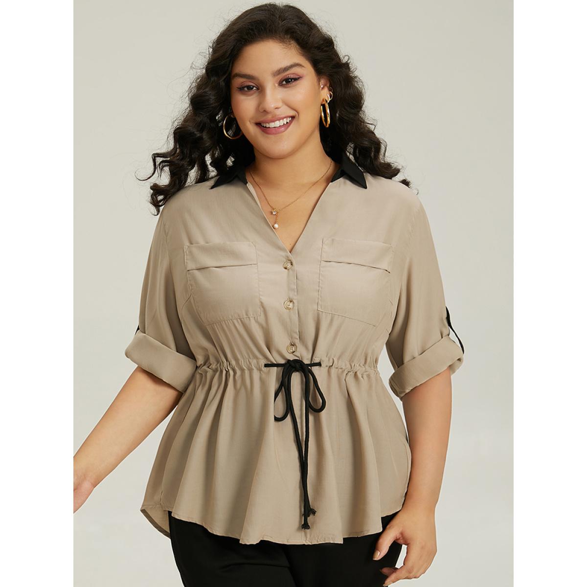 Plus Size Tan Contrast Drawstring Roll Tab Sleeve Patched Pocket Blouse Women Office Elbow-length sleeve Shirt collar Work Blouses BloomChic 10/M Product Image