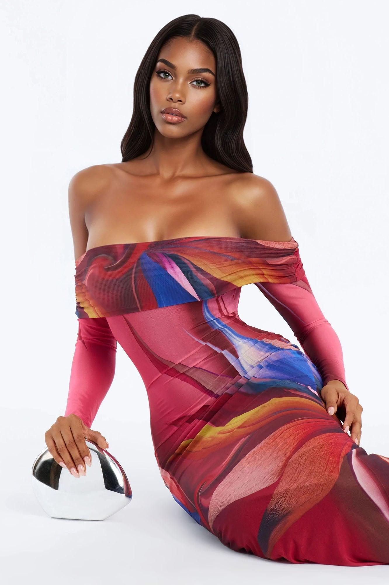 Jennifer Abstract Mesh Maxi Dress - Pink/combo Female Product Image