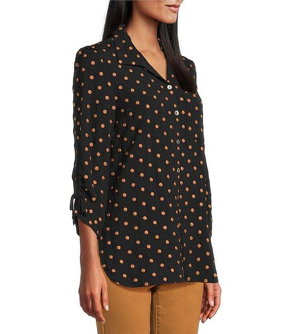 John Mark Embroidered Polka Dot Cinch Tie Sleeve Button Front Tunic Product Image