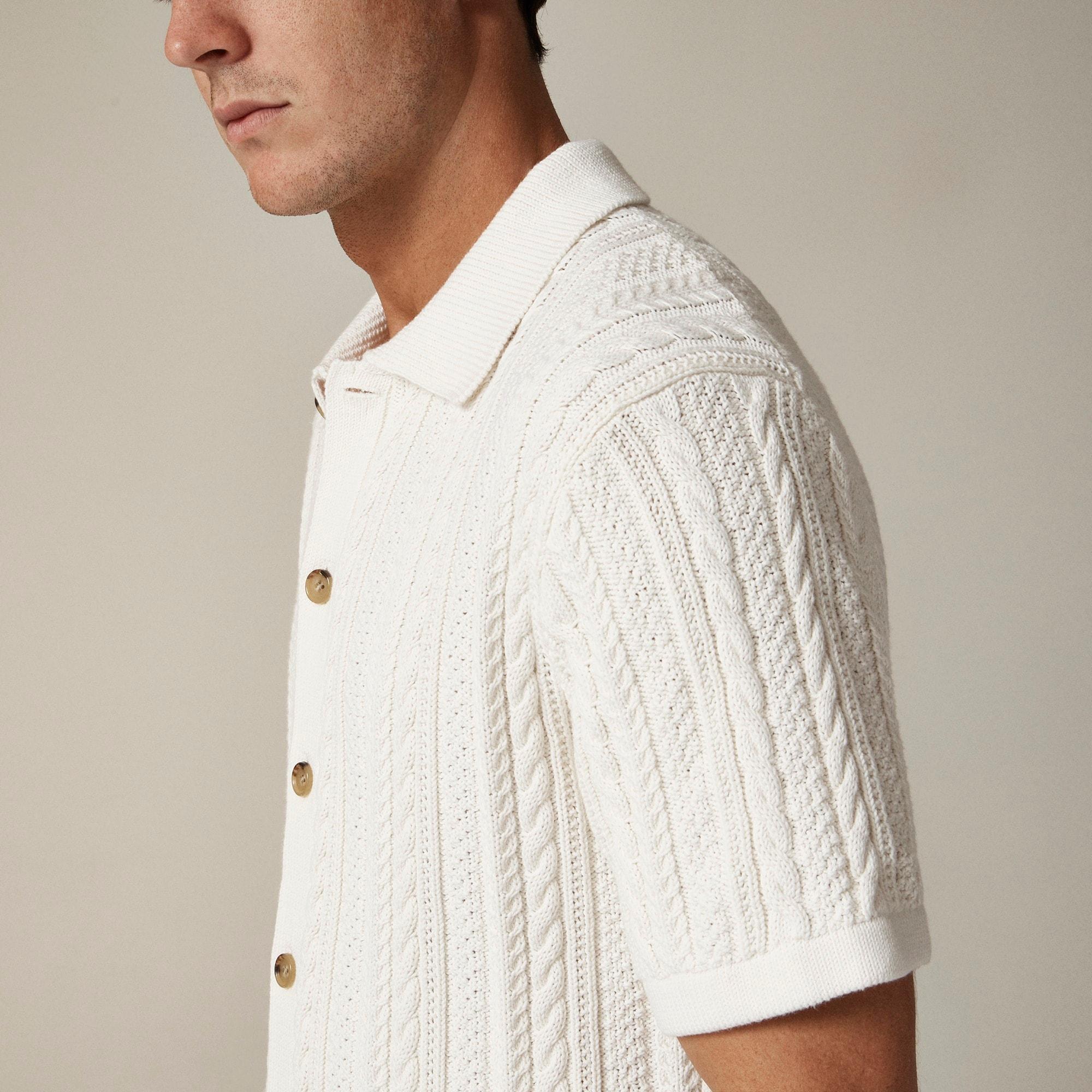 Short-sleeve cotton cable-knit cardigan sweater-polo Product Image