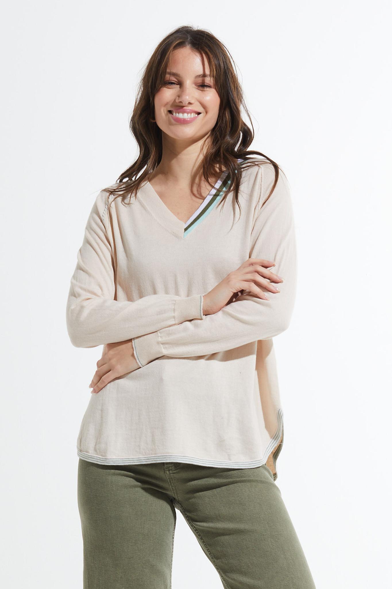 Lightweight V Neck Sweater with Stripe Details Product Image
