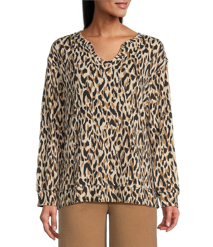Westbound Leopard Print Notch Neck Long Sleeve Ribbed Top Product Image