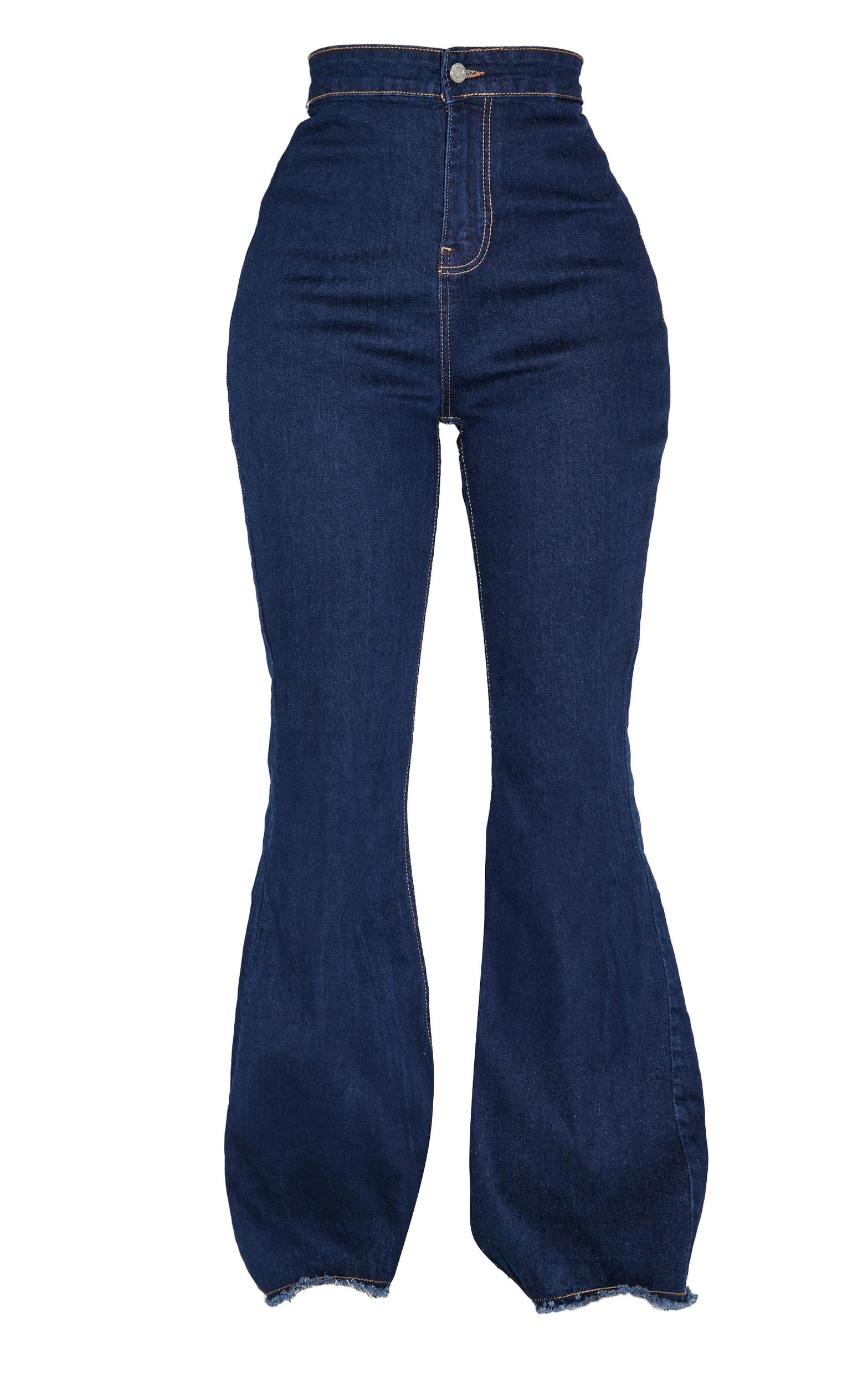 Shape Indigo Washed Distressed Hem Stretch Flared Denim Jeans Product Image