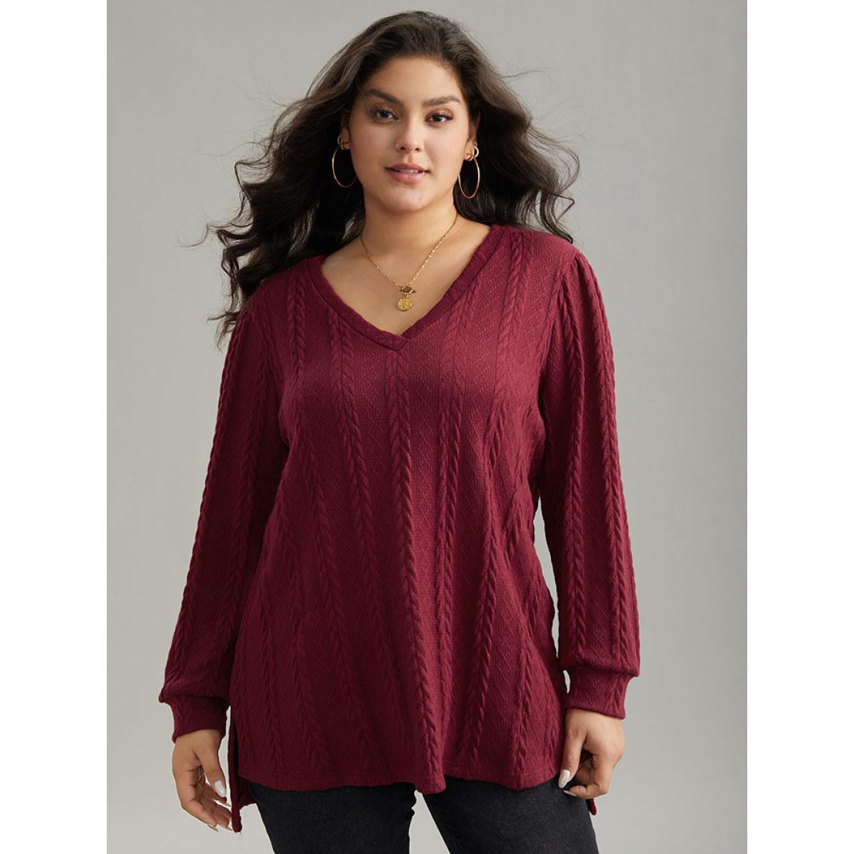 Plus Size Plain Cable Knit Elastic Cuffs Sweatshirt Women Raspberry Casual Texture V-neck Dailywear Sweatshirts BloomChic 30/6X Product Image