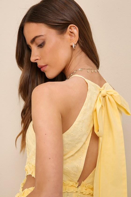 Perfectly Serene Light Yellow Eyelet Ruffled Tie-Back Midi Dress Product Image