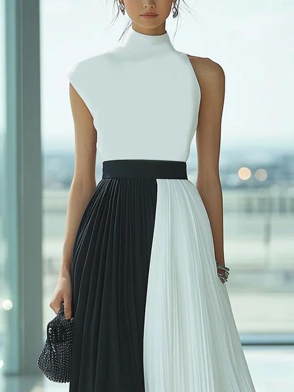 High Waisted Loose Contrast Color Pleated Mock Neck Maxi Dresses Product Image