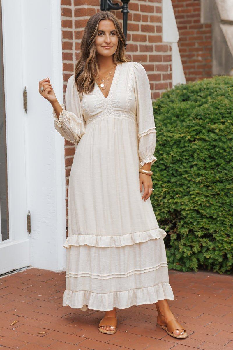 Natural Lace Embroidered Tiered Maxi Dress Product Image